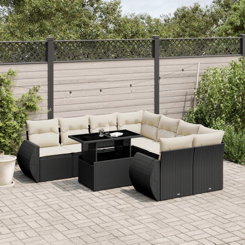 "Rabatt" 9-tlg. Garten-Sofagarnitur - mit sofa - mit Kissen Schwarz Poly Rattan - Lounge-Dining set CC10478
