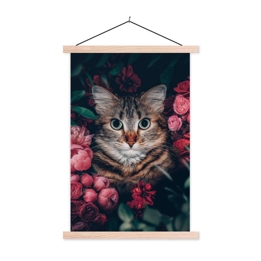 MuchoWow Textilposter Katze - Blumen - Blätter - Botanisch 60x90 cm mit holzfarbenen Rahmen - Textil