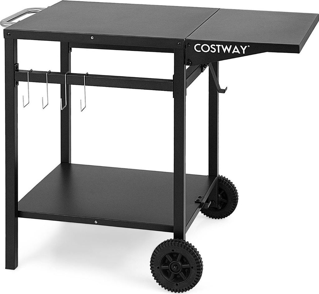 Grillwagen mit Klappbarer Tischplatte & 2 Ablagen & 4 Haken Beweglicher Campingtisch