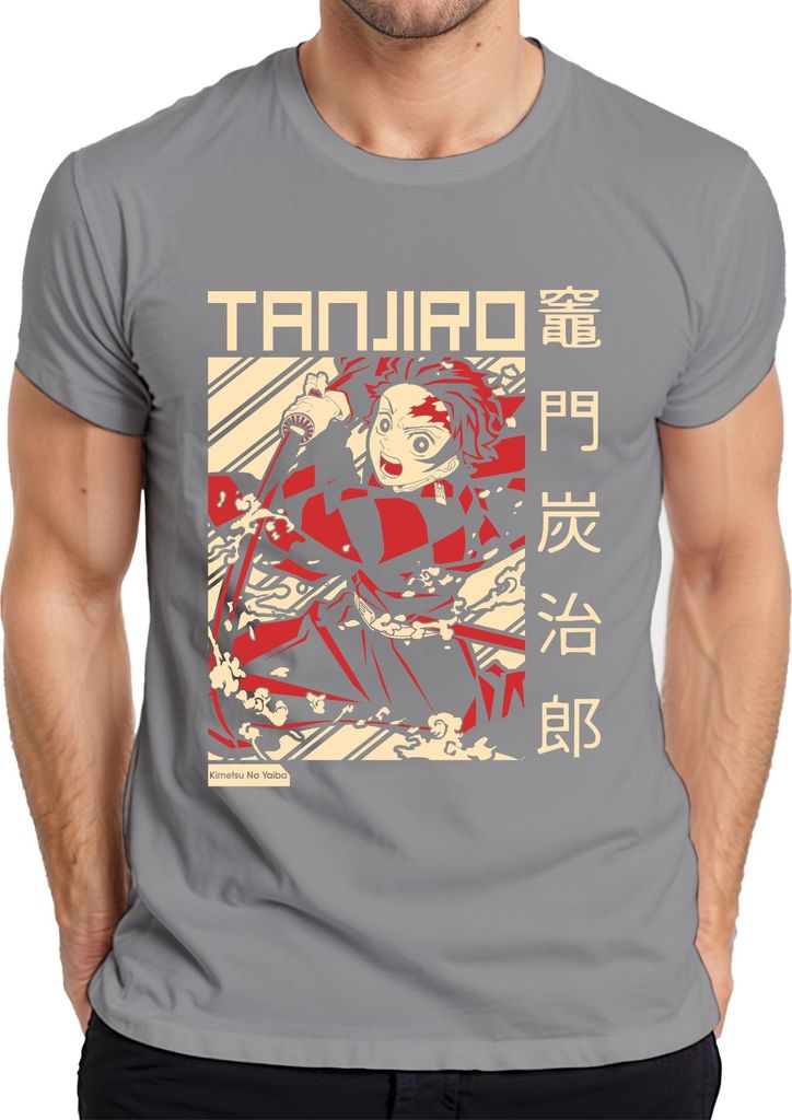 Tanjiro Kimetsu No Yaiba Dämonenjäger Schwert Feuer Geschenk Herren T-Shirt, Grau, XXL