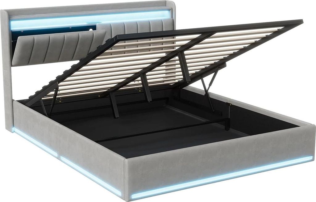 Bett mit Stauraum - Doppelbett 140×190 cm - Hydraulischer Hebemechanismus - Kopfteil mit LED & USB-Ladeanschluss - Samtpolsterung - Hellgrau