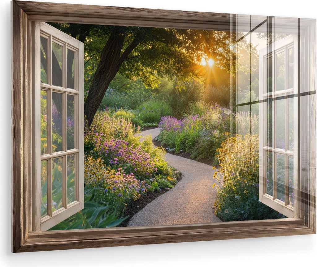 MuchoWow Glasbilder - Bilder auf Wandbild - Foto auf Glas Aussicht - Blumen - Natur - Sonne - Weg 60x40 cm Wanddekoration aus Glas - Acrylglasbild ...