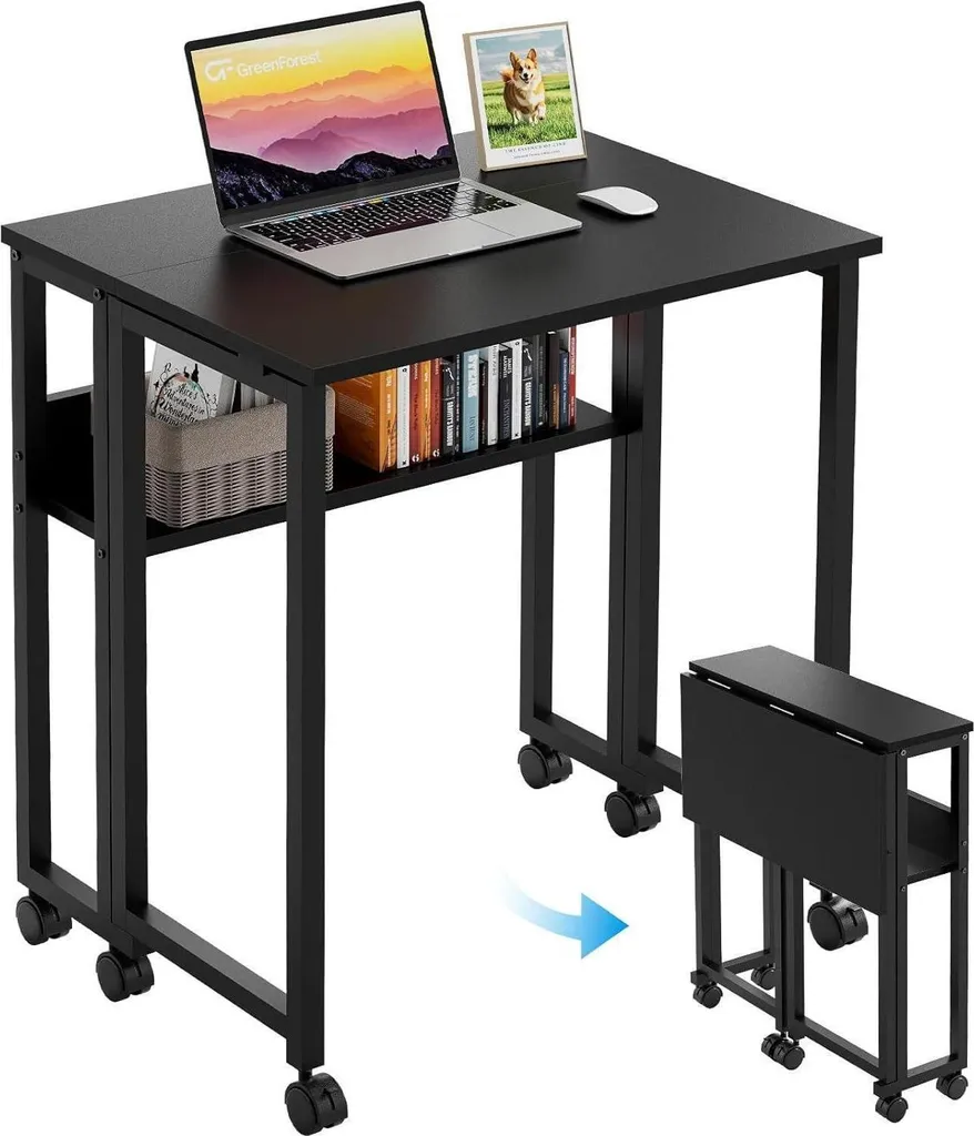Petit bureau pliant à roulettes noir avec rangement pour petit espace