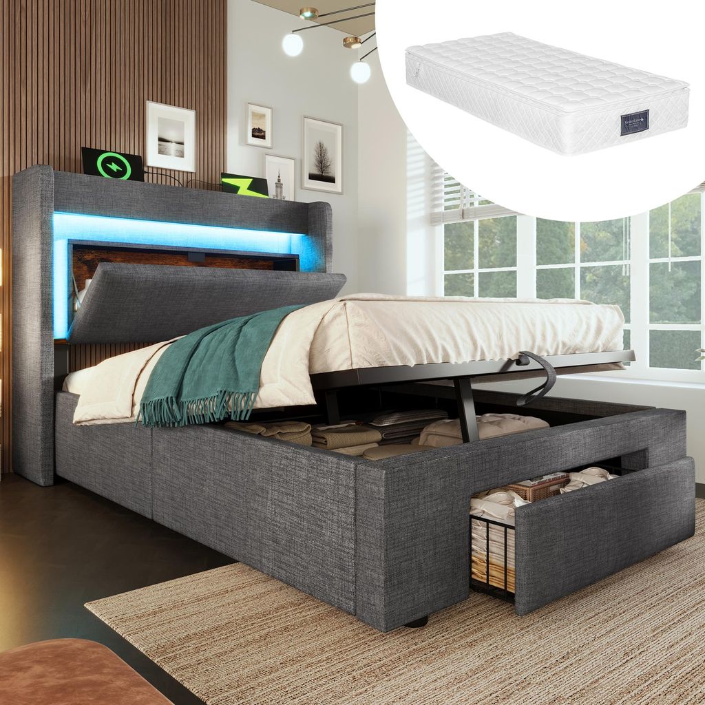okwish Polsterbett 90x200 Jugendbett mit LED-Beleuchtung,Kinderbett mit Steckdosen und Bettkasten,Stauraumbett mit Holzlatten aus Leinen,Grau(mit M...
