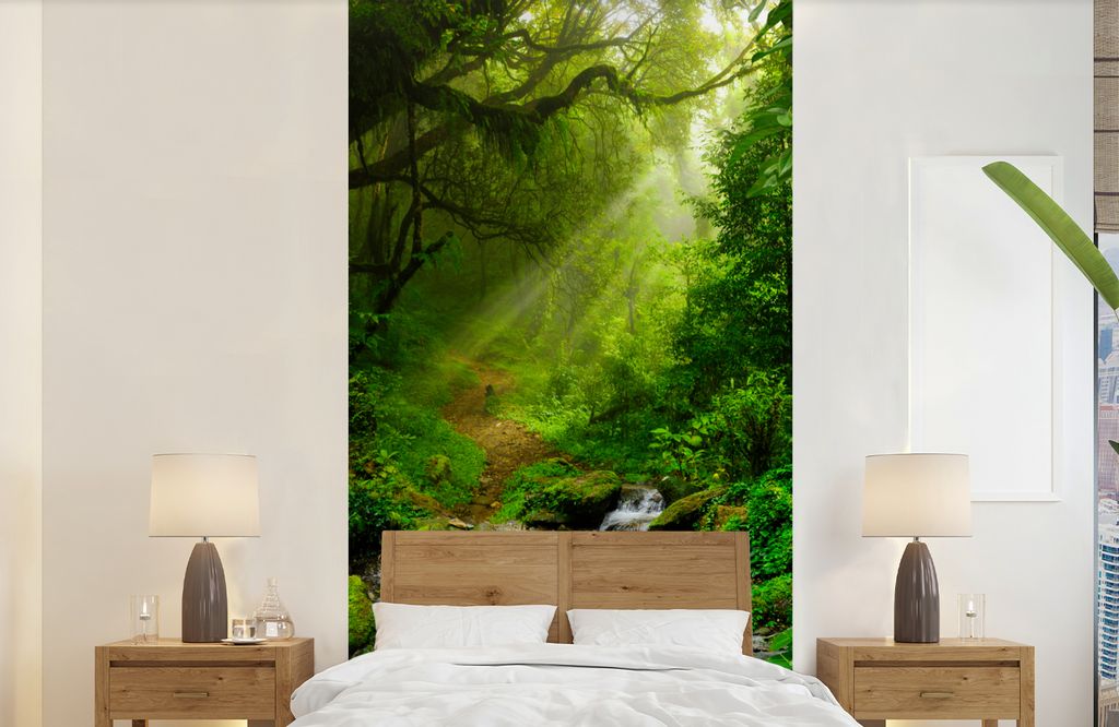 MuchoWow Fototapete für Wohnzimmer oder Schlafzimmer Wandtapete Vinyl Motivtapete Dschungel - Wasser - Laub - Sonne - Natur - 120x240 cm - Hinte...