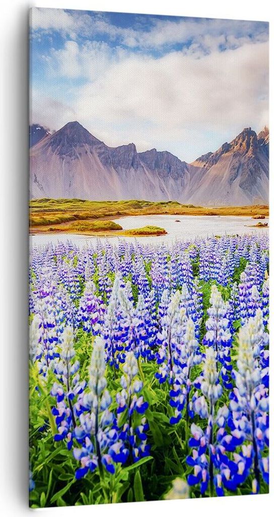 Bild auf Leinwand - Leinwandbild - Berge Wiese Blumen - 65x120cm - Wand Bild - Wanddeko - Leinwanddruck - Bilder - Kunstdruck - Wanddekoration - Le...
