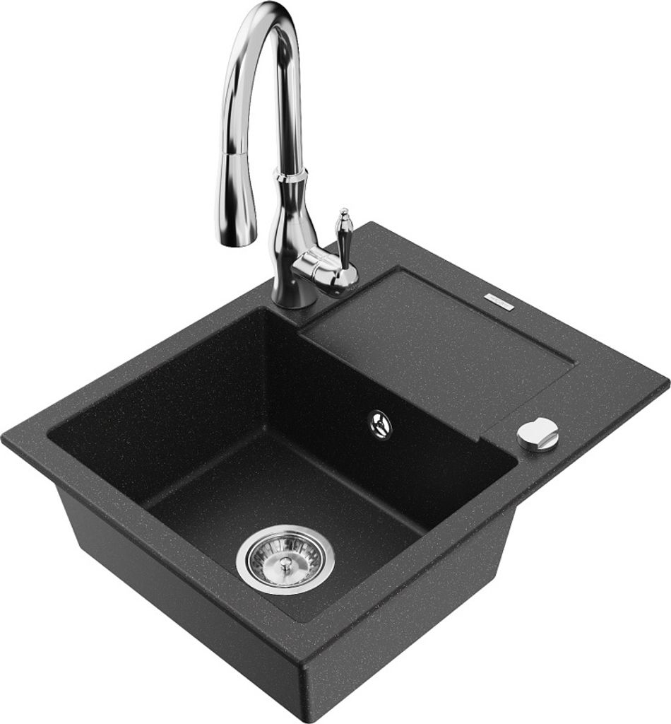 Mexen Enzo 1 Becken-Granitspüle mit Abtropffläche und Mischbatterie Savita, Schwarz/Silbermetallic - 6506-73-672601-00