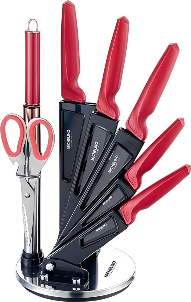 MICHELINO 8 tlg. Edelstahl Küchenmesser Set Messerblock Rot Produktbild 