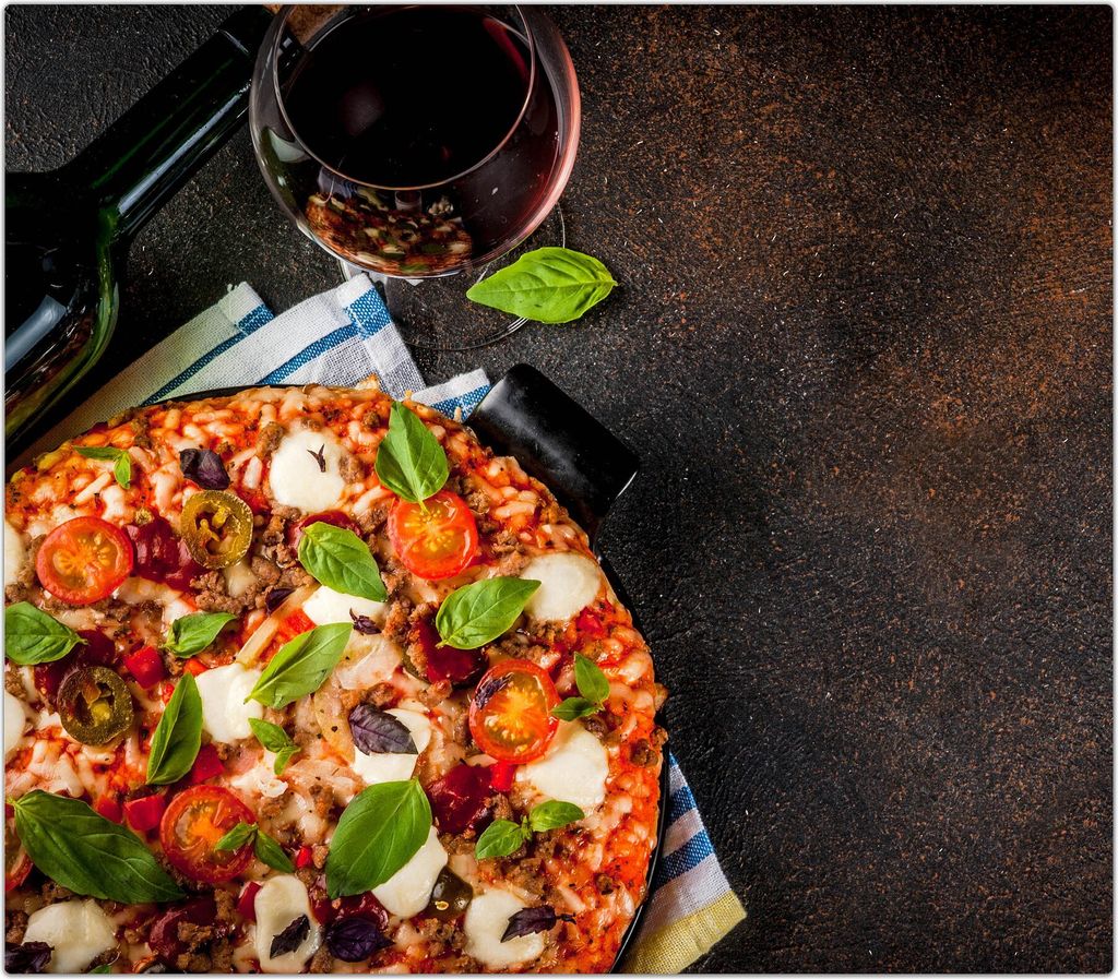 Spritzschutz Herdabdeckplatte Schneidebrett aus Glas Pizza und Rotwein 1-Teilig (60x52cm)