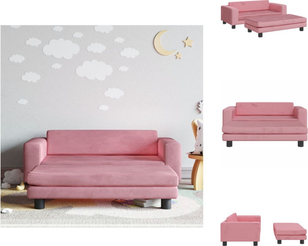 vidaXL Kindersofa mit Hocker Rosa 100x50x30 cm Samt - Baby- & Kleinkindmöbel