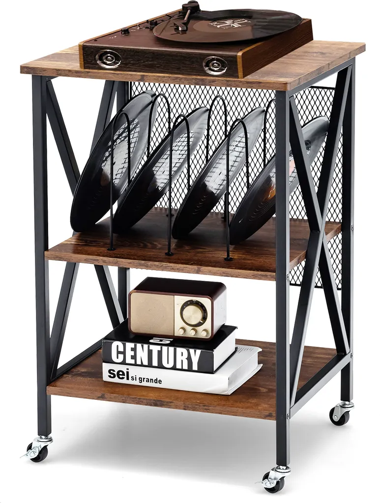 Support Platine Vinyle à Roulettes Étagère de Disques en Bois et Métal