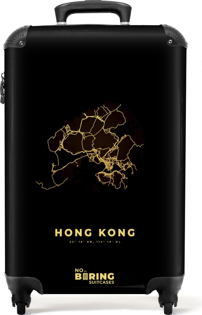 NoBoringSuitcases.com Koffer Handgepäck Trolley Rollkoffer Kleine Reisekoffer mit 4 Rollen - Gold - Karte - China - Stadtplan - Hongkong - Cabin...