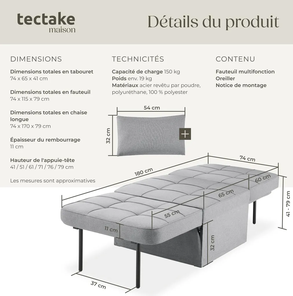 Lit d'appoint et fauteuil de salon PONTO gris clair idéal petits espaces - 6