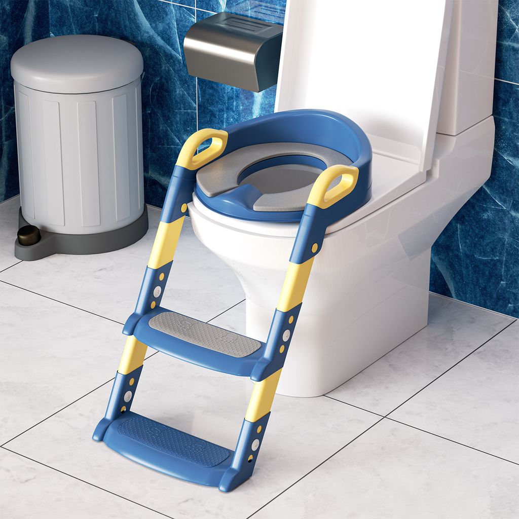 Clanmacy Toilettentrainer Lerntöpfchen mit Treppe Justierbarer für Kinder Töpfchen Toilettensitz Rutschfest Töpfchentrainer Dunkelblau