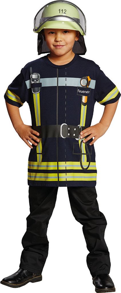 A child wearing a firefighter costume.