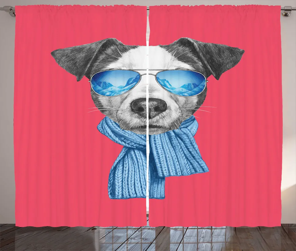Rideau rustique pour chambre ABAKUHAUS avec motif Jack Russell et lunettes
