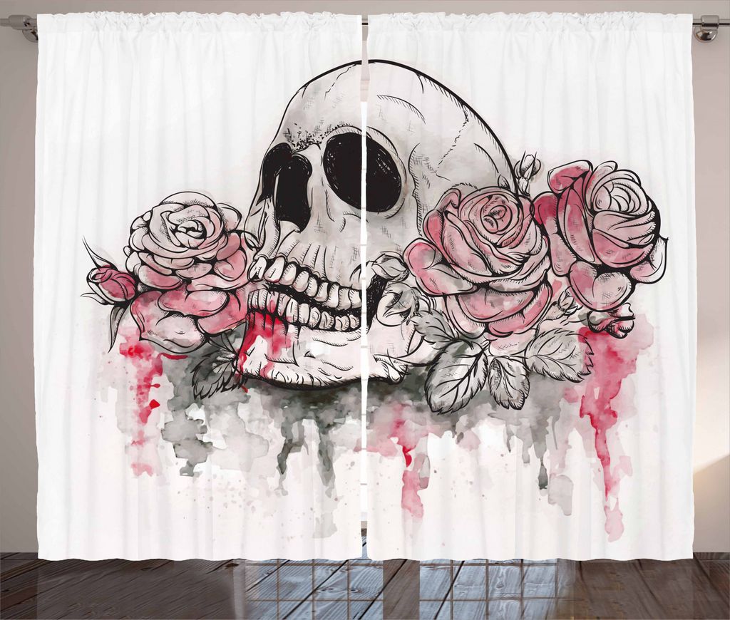 ABAKUHAUS Romantisch Rustikaler Vorhang, Schädel-Kopf-Rosen, Wohnzimmer Universalband Gardinen mit Schlaufen und Haken, 280 x 245 cm, Weiß Hellro...