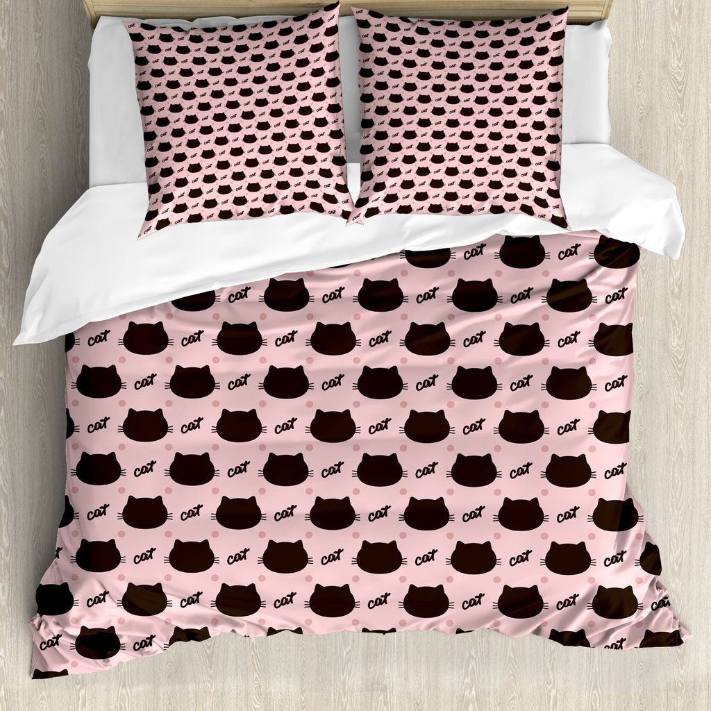 ABAKUHAUS Katze Bettbezug, Kopf Silhouetten Dots Girly, Milbensicher Allergiker geeignet mit Kissenbezügen, 200 cm x 200 cm - 80 x 80 cm, Coral Se...