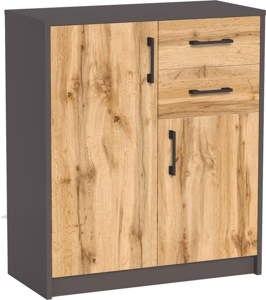 Kommode mit 2 Schubladen und 2 Türen in matter Ausführung, Kommode 74cm breit Holz Schrank Sideboard Highboard Kommode mit Schubladen Graphit-Eiche