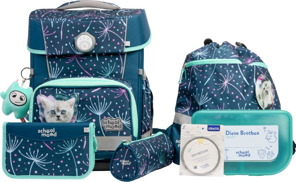 A school backpack set with various accessories, including a pencil case, wallet, and lunch box, all featuring a dandelion-like pattern and a kitten motif.