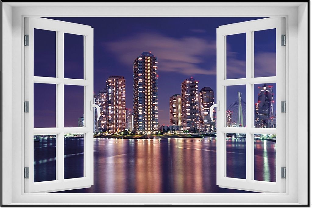 Wallario Wandbild mit Fenster-Illusion: Tokyo- Skyline bei Nacht, Größe: 61 x 91,5 cm, Poster mit schwarzem Aluminiumrahmen