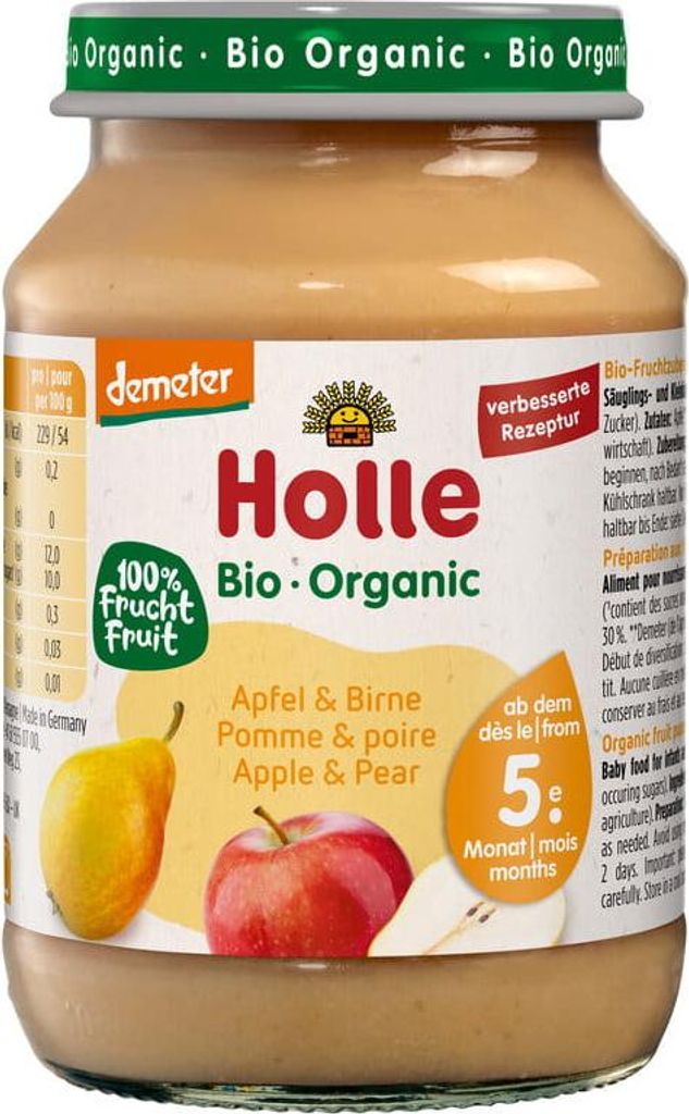 JABŁKO - GRUSZKA BEZ DODATKU CUKRÓW BEZGLUTENOWE OD 5 MIESIĄCA DEMETER BIO 190 g (SŁOIK) - HOLLE
