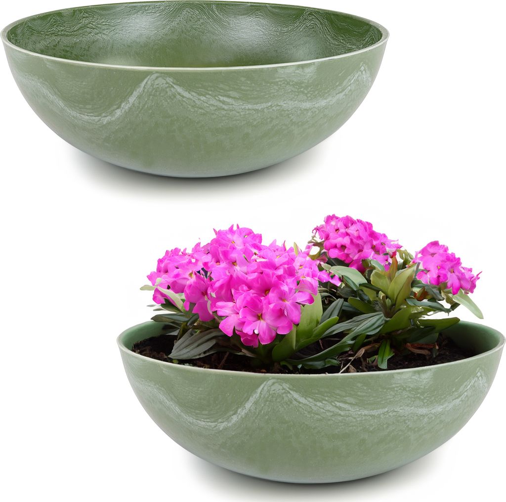 Runde bauchige 25 cm Pflanzschale für draussen, grün marmoriert