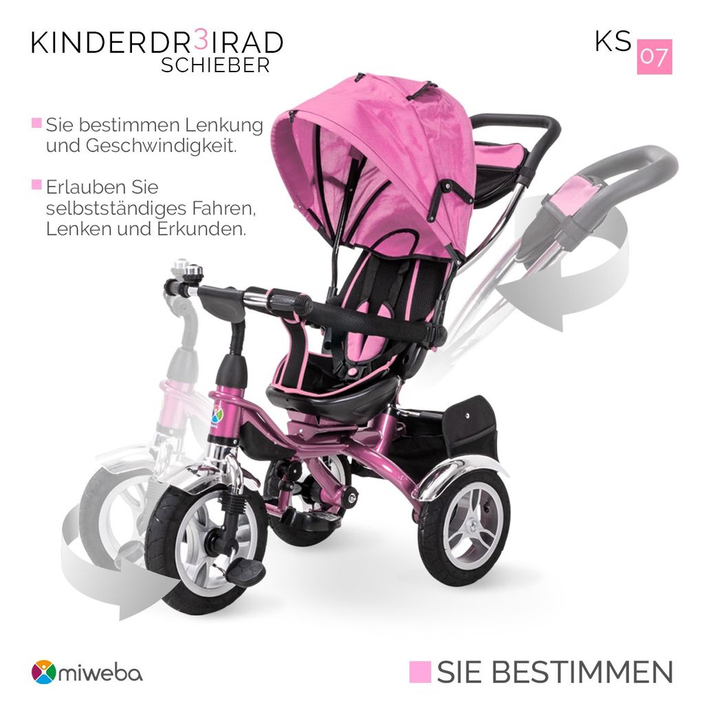 Kinder Dreirad Kinderfahrrad Fahrrad Dach Lenkstange Servolenkung Pink 