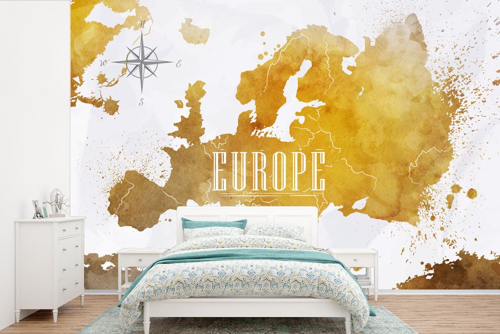 MuchoWow Fototapete für Wohnzimmer oder Schlafzimmer Wandtapete Vinyl Motivtapete Weltkarten - Europa - Gold - 390x260 cm - Papiertapete