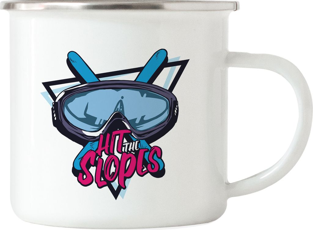 Hit The Slops Emaille Tasse Skifahrer Skifahrerin Skibrille Bewegung Sport Skipiste Ski Bewegung Ski Berge Skilift
