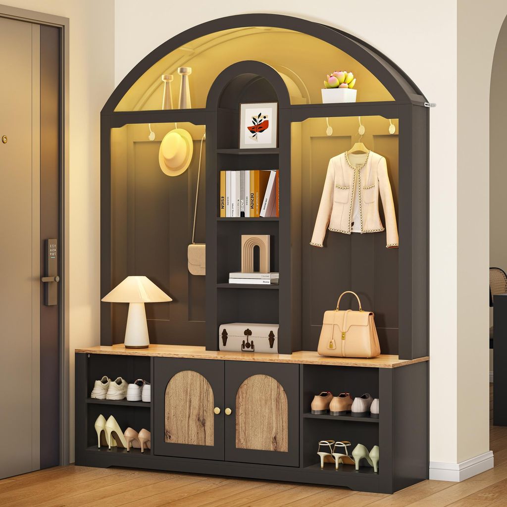 A hallway furniture set with storage, shelves, and hooks, featuring shoes, a handbag, and a jacket.
