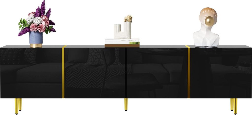 Schwarzes Hochglanz-TV-Schrank mit 4 Türen, modern und schlicht, in Schwarz-Gold-Farbkombination