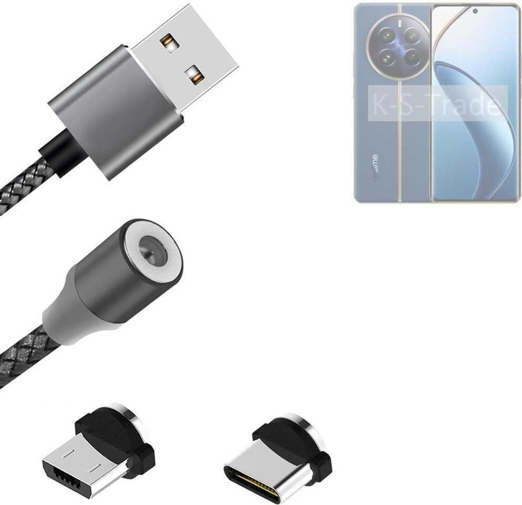 K-S-Trade Hochwertiges Magnet-Lade-kabel Sync-Kabel Daten-Kabel für Realme 12 Pro 5G mit USB-Typ-C-Anschluss und Micro-USB-Anschluss 2A bis zu