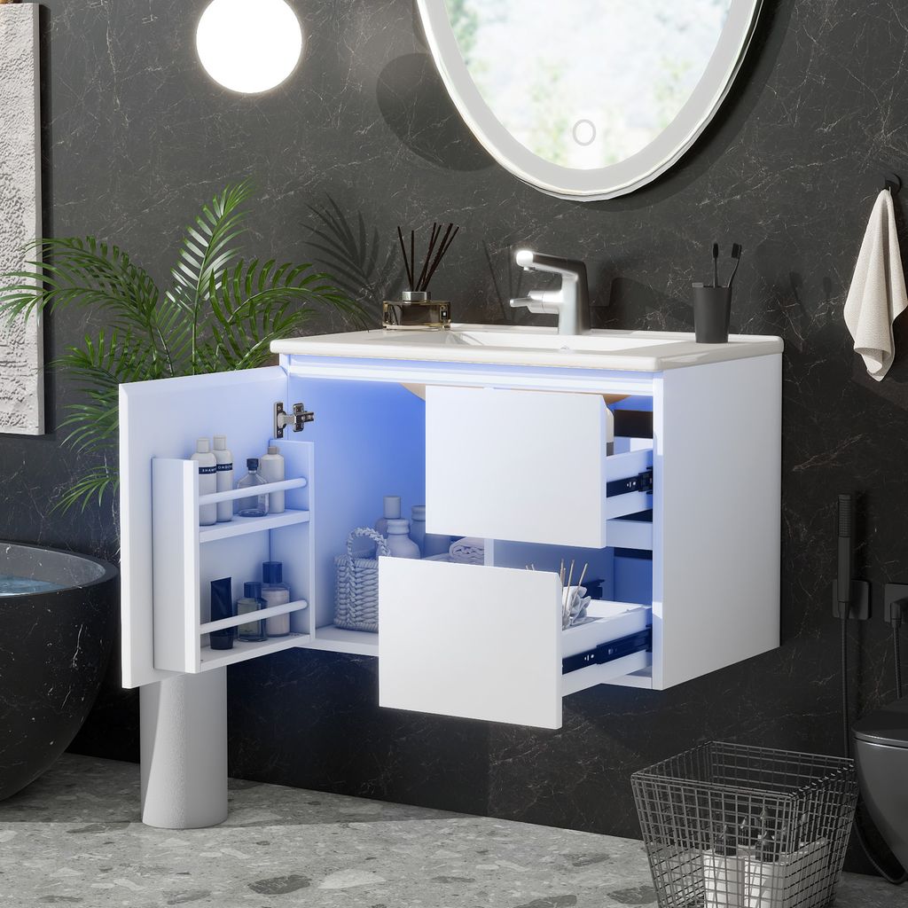 A modern bathroom vanity with an open cabinet and drawers, showcasing storage and LED lighting.