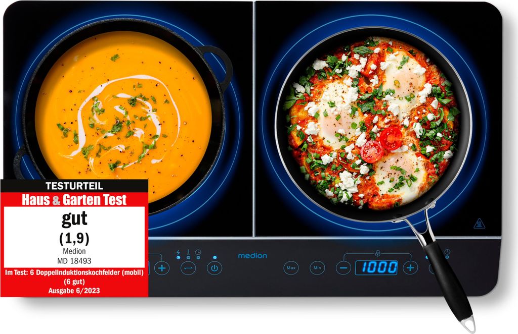 MEDION Doppel-Induktionskochplatte mit zwei Kochplatten, 3500 Watt, 10 Temperaturstufen, LED Display, MD 15324, schwarz