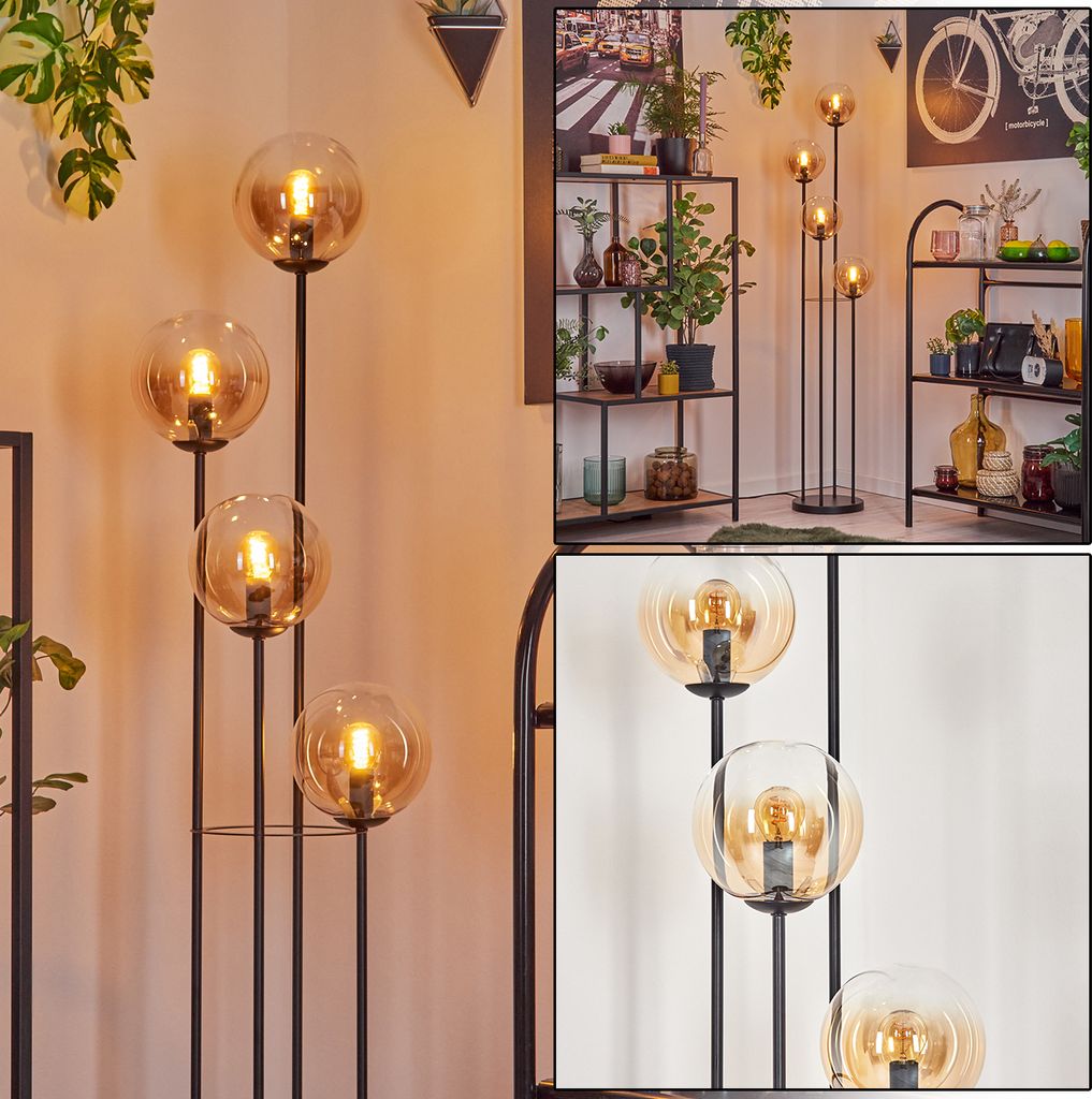 Fossobiubo Stehlampe aus Metall/Glas in Schwarz/Bernstein/Klar mit Fußschalter