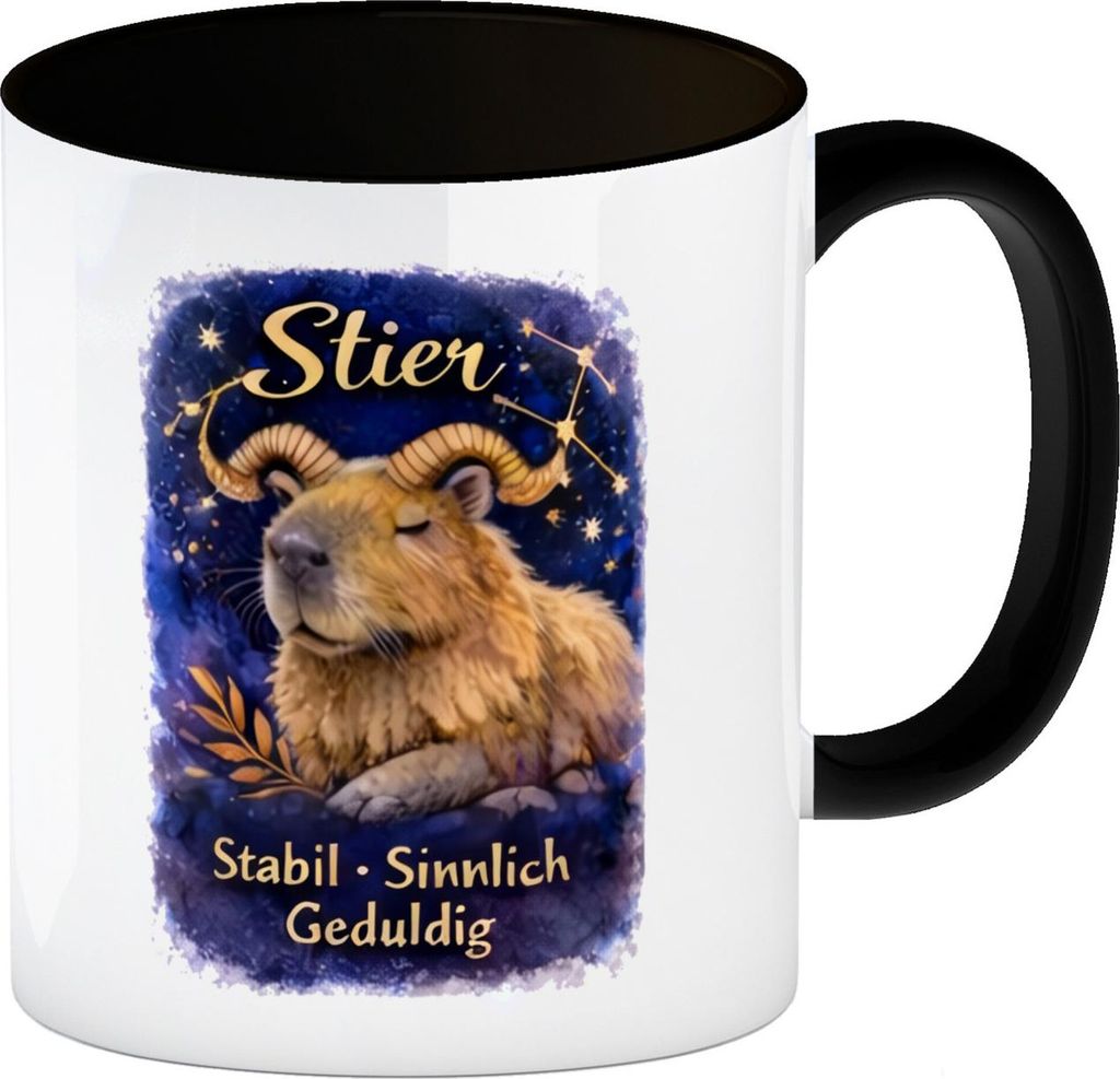 Stier Sternzeichen Cabybara Kaffeebecher in schwarz für Astrologie Fans