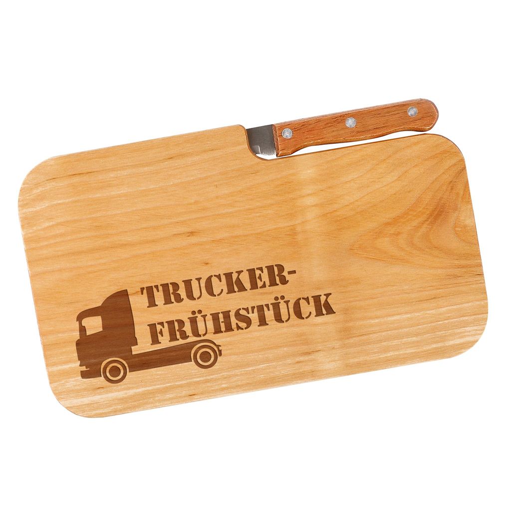 Frühstücksbrett mit Gravur und integriertem Messer – Geschenkidee für Männer mit verschiedenen Motiven (Trucker)