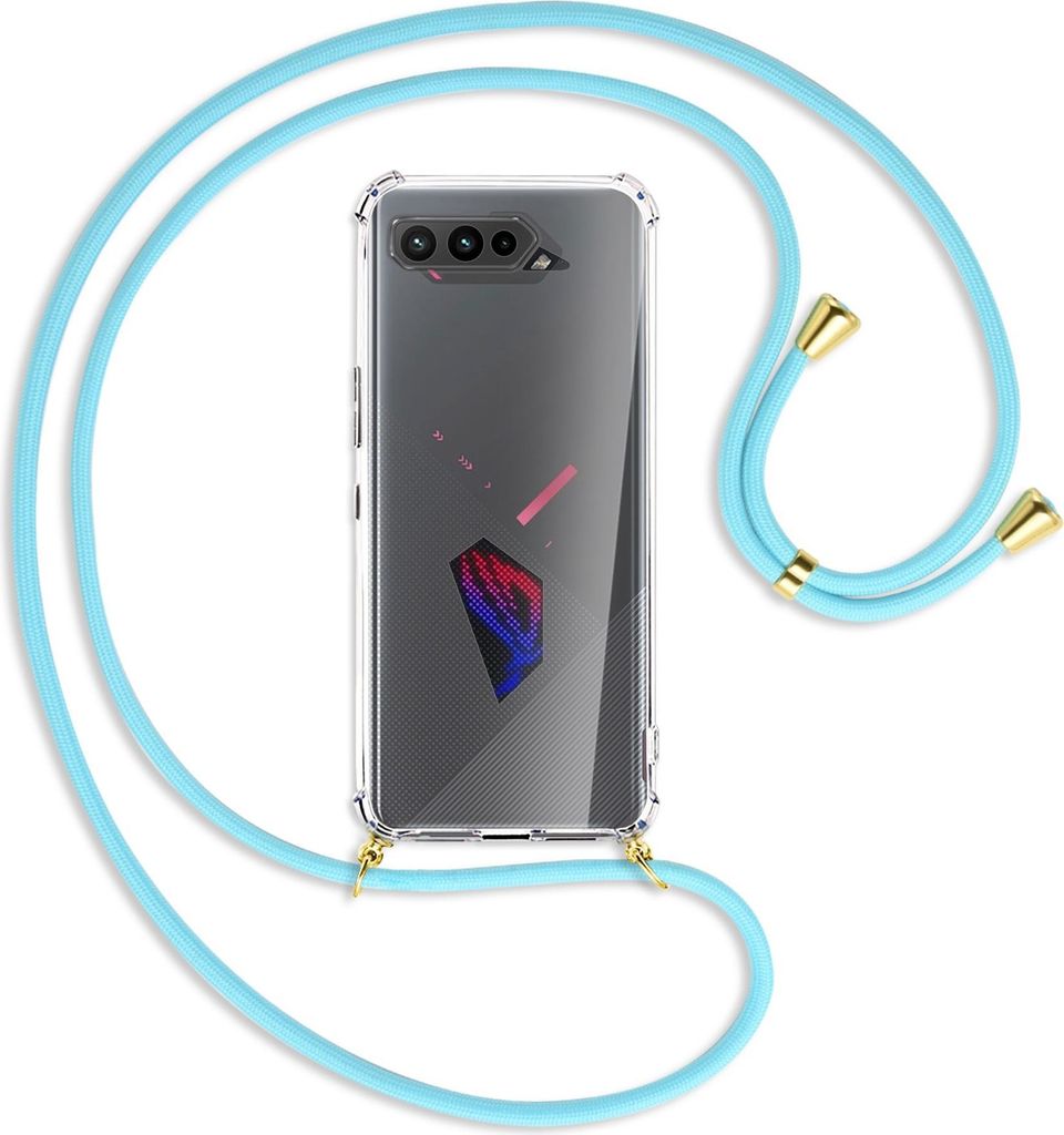 Handykette Backcover-Schutzhülle mit Band (Metall goldfarben) für Asus ROG Phone 5, 5 Ultimate, 5 Pro - himmelblau
