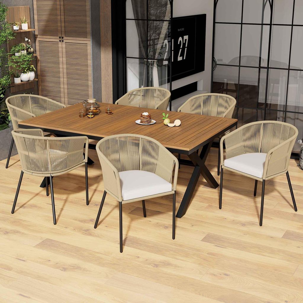 7-tlg Garten-Lounge Set,Handgewebtes Seil, 6 bequeme Sessel mit waschbaren Kissen, robuster Akazienholz-Tisch, Stuhl 56x56.5x76 cm, Tisch 140x80x74 cm