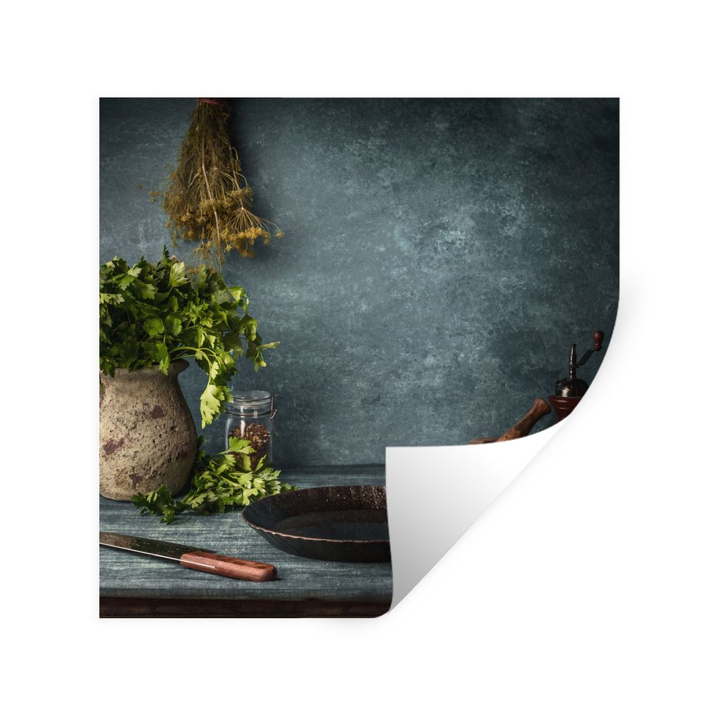 MuchoWow Wandtattoo Wandsticker Wandaufkleber Kräuter - Gewürze - Pfanne - Messer - Grau - Rustikal 100x100 cm Selbstklebend und Repositionierb...