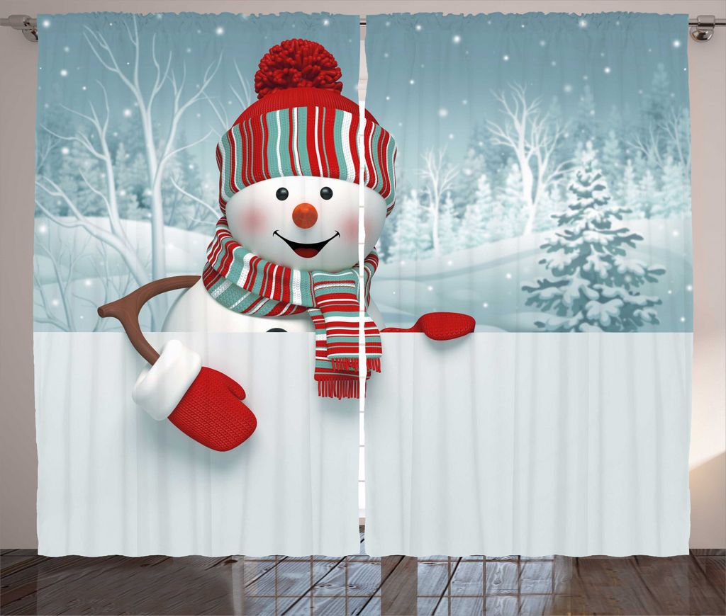 ABAKUHAUS Schneemann Rustikaler Gardine, Lächelnde Maskottchen-Bäume 3D, Schlafzimmer Kräuselband Vorhang mit Schlaufen und Haken, 280 x 225 cm,...
