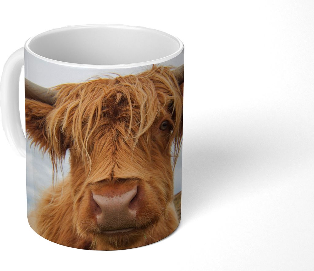 MuchoWow Tasse Kaffeetasse Kaffeebecher 350 ml Schottisches Hochlandrind - Hörner - Berg Teetasse - Fototasse - Becher - Keramikbecher - Teebech...