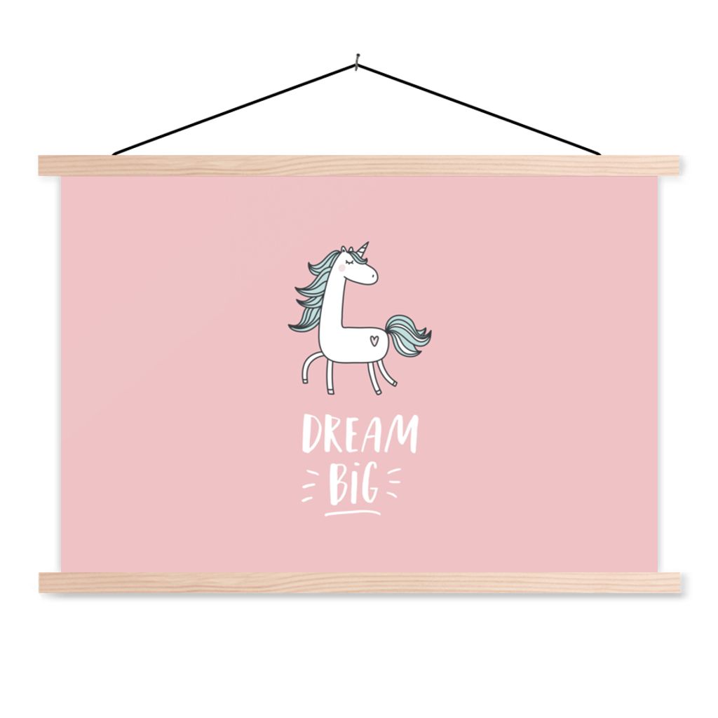 MuchoWow Textilposter Einhorn - Kinder - Zitate - Große Träume - Mädchen - Rosa 60x40 cm mit holzfarbenen Rahmen - Bilder