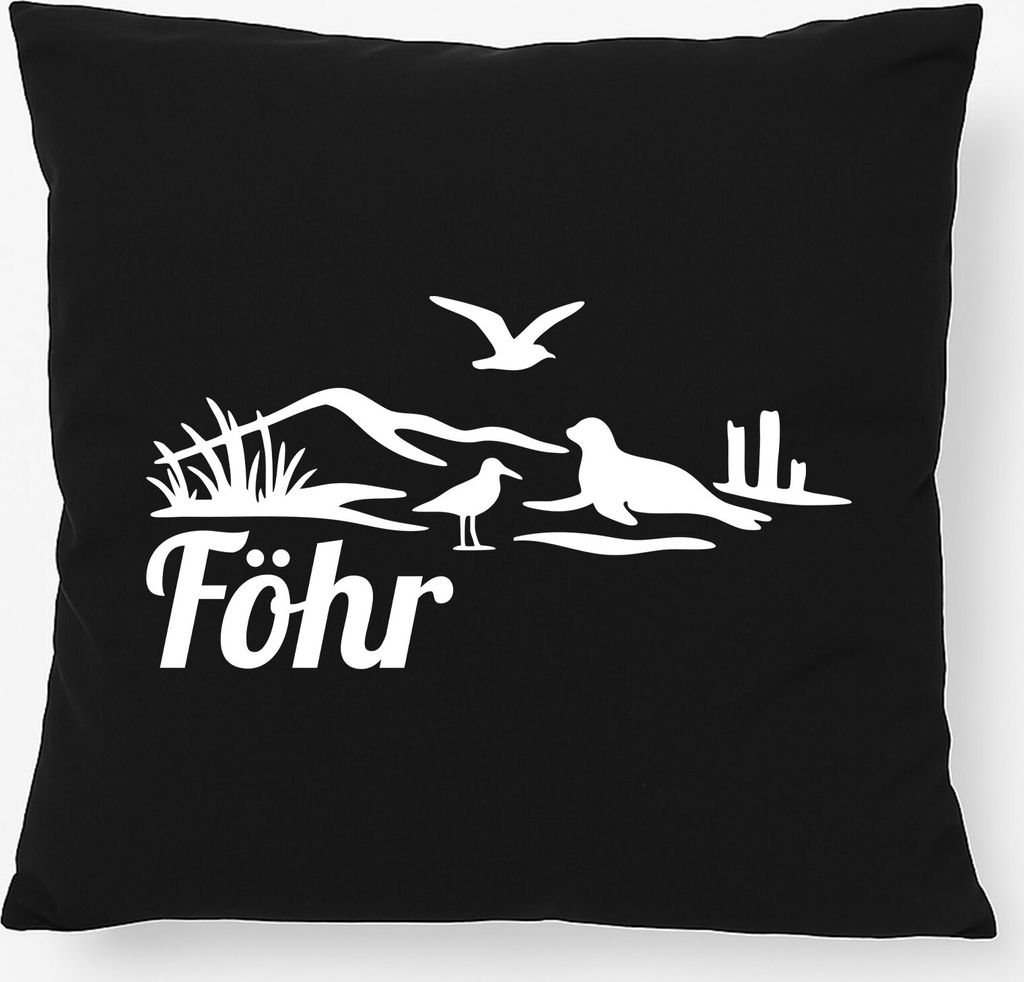 Huuraa Kissen Föhr Strandmotiv 40x40cm mit Füllung Black Baumwolle Dekokissen Geschenkidee