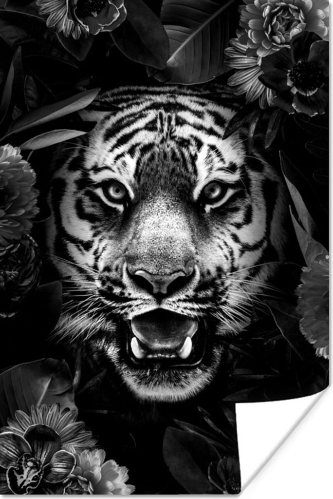 MuchoWow Poster Tigerkopf zwischen Blumen - schwarz und weiß 120x180 cm - Kunstposter