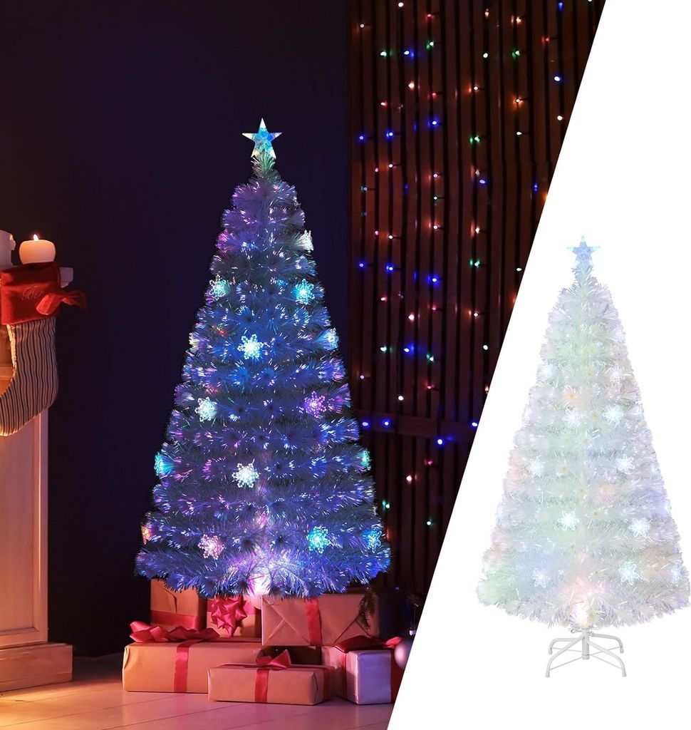 COSTWAY Weihnachtsbaum Künstlich mit Beleuchtung, Tannenbaum mit bunten LED-Lichtern & Glasfaser & Sternspitze, Christbaum für Zuhause Büro Gesc...