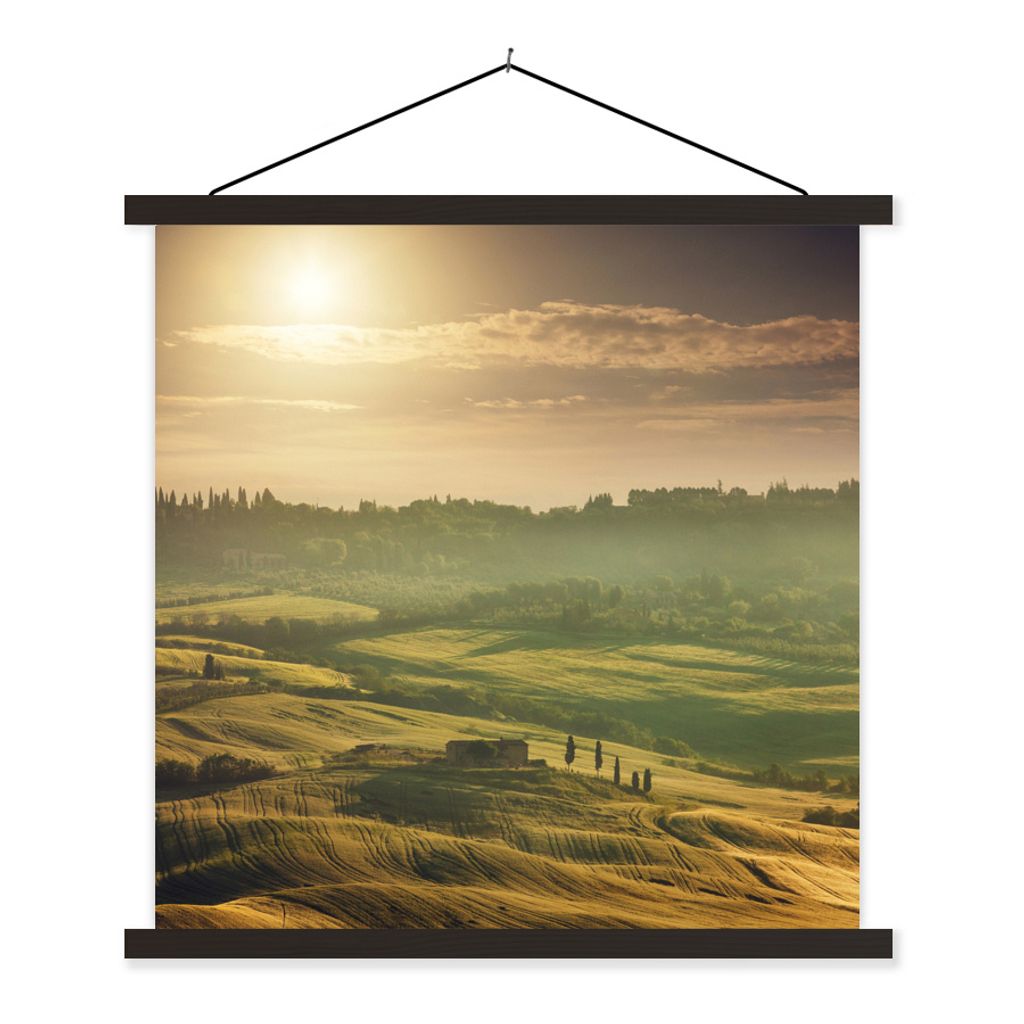 MuchoWow Textilposter Toskana - Landschaft - Sonne 120x120 cm mit schwarzem Rahmen - Aufhängungsset