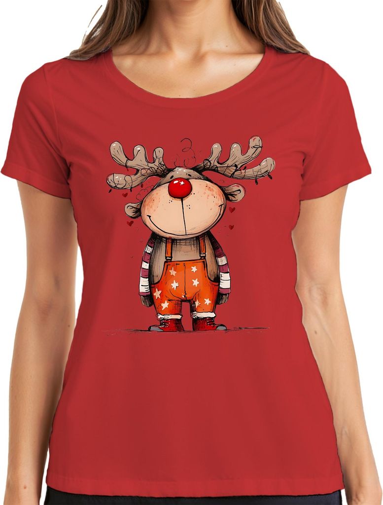 Niedliches Rentier mit roter Nase Rudolf Weihnachten Geschenk Damen T-Shirt, Rot, XL