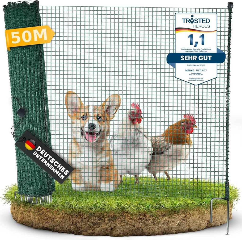 Weidezaun & mobiler Hundezaun 50m - Camping Zaun für Hunde ohne Strom, Begrenzungszaun, Gartenzaun, Hühnerzaun extrem stabil, 90cm hoch (50m)